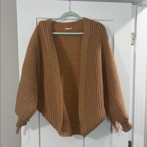 Entro Boho Fringe Tan Knit Cardigan Sweater Womens Size Large